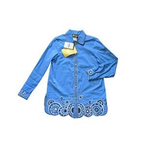 NWT Bob Mackie Embroidered Tunic Top Womens XS Blue Cotton Artsy Coastal Grandma